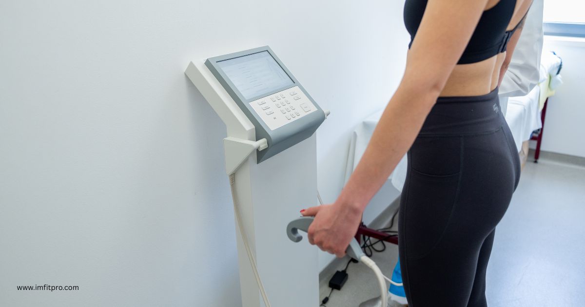 Woman performing test for body recomposition measures