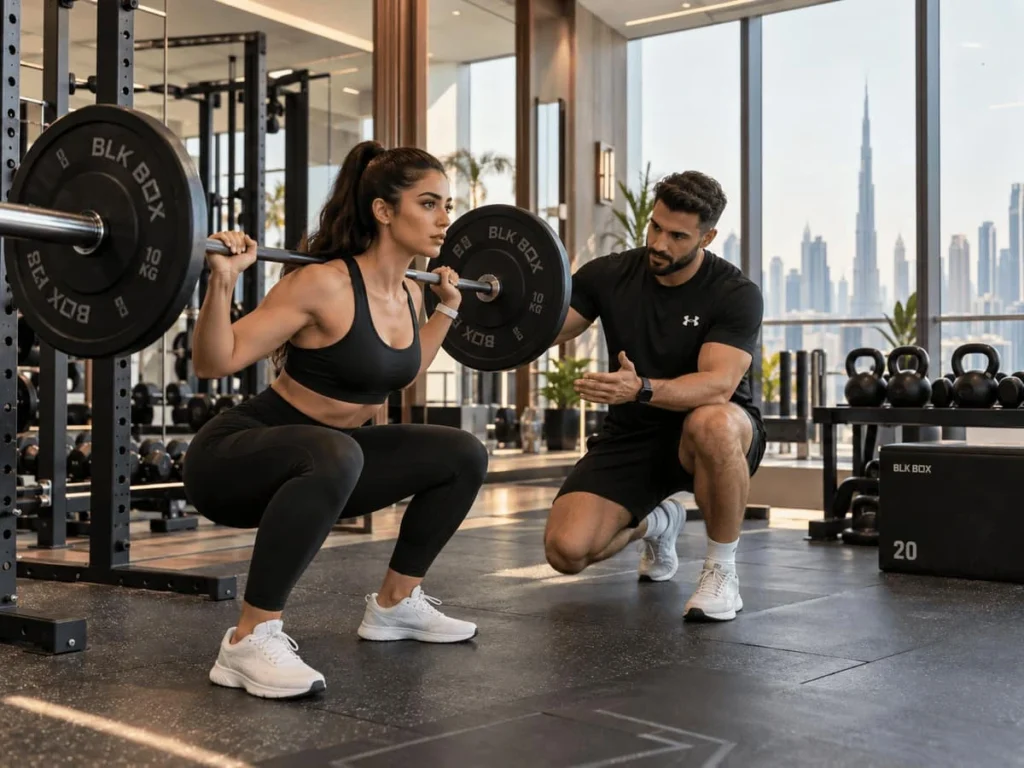 Personal trainer assessing a client's squat form in a private studio in Dubai